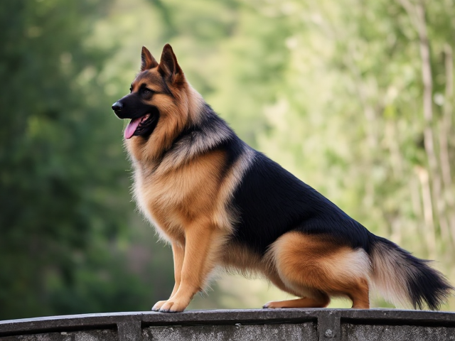 A long haired German shepherd doing a back bridge pose