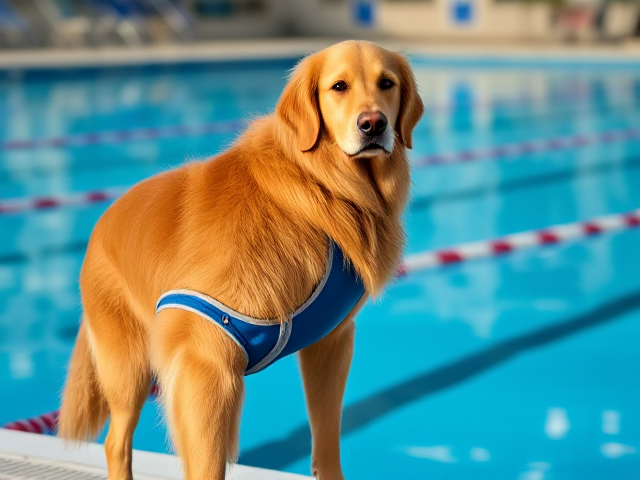 Anthropomorphic golden retriever with pronounced hips, wearing a stylish swimsuit, standing confidently by an Olympic swimming pool, ultra-detailed and vibrant colors, realistic lighting and reflections