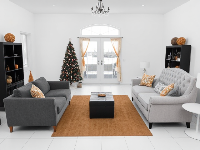 an enclosed living room with absolutely no windows, just white walls on both sides, only one white double french door facing me with space on both sides of the door, french doors lead to backyard, white tiles, 2 charcoal grey furniture, and one really high back light gray love seat with rhinestones that seats two persons, tan area rug and 3x5ft black bookshelf, absolutely no furniture in front of the french doors, two white round end tables with black metal legs, one 2x5 ft tan book shelf, living room is decorated for christmas with ONE big black and gold christmas tree and gold and white ombre curtains on the french doors, black trunk in the center of the rug, one tan 2x5ft bookshelf