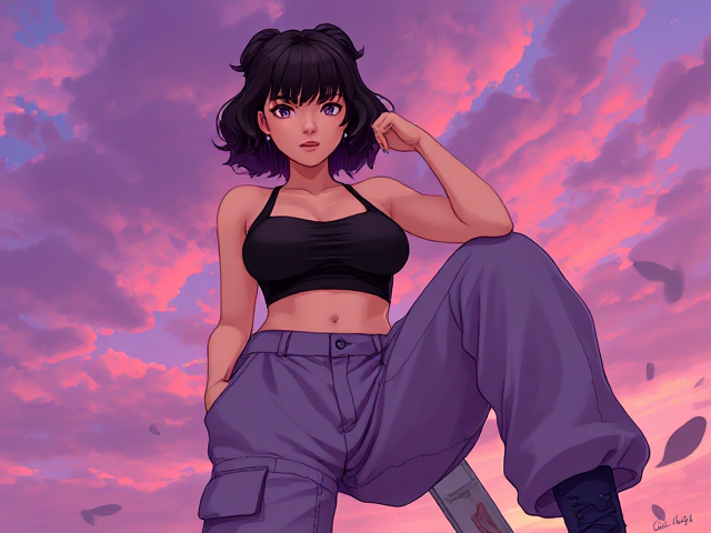 baggy cargo pants, crop top, black and purple fluffy hair. Oc.