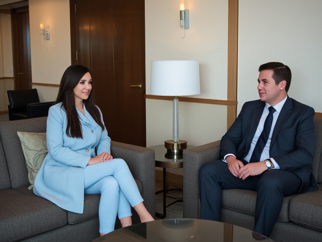 Brunette wearing a light blue coat and light blue jeans alone in a hotel meeting on couches  with a strange businessman