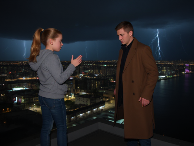 A petite 13-year-old girl with strawberry blonde hair in a ponytail, wearing a hooded pullover and jeans, is standing on the roof ledge of a night club. Next to her on the roof, standing nearby is a modern-day, pale skinned vampire in his late twenties, with blonde hair, dressed in a brown trench coat and jeans. He appears uneasy as he looks at her, holding his hands out and taking a step back. The girl gestures angrily at him, flailing her arms and scowling at him in frustration. A thunderstorm approaches the cityscape from the sea shore. Set at night.