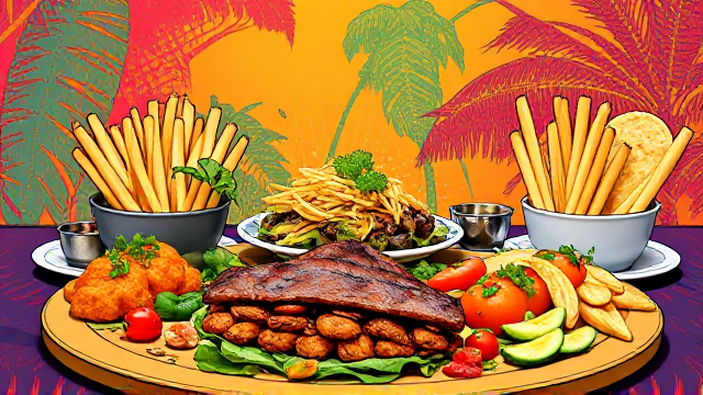 Delicious gourmet cuisine artfully arranged on a vibrant, colorful backdrop with the background of the image similar to  a restaurant landing page template.