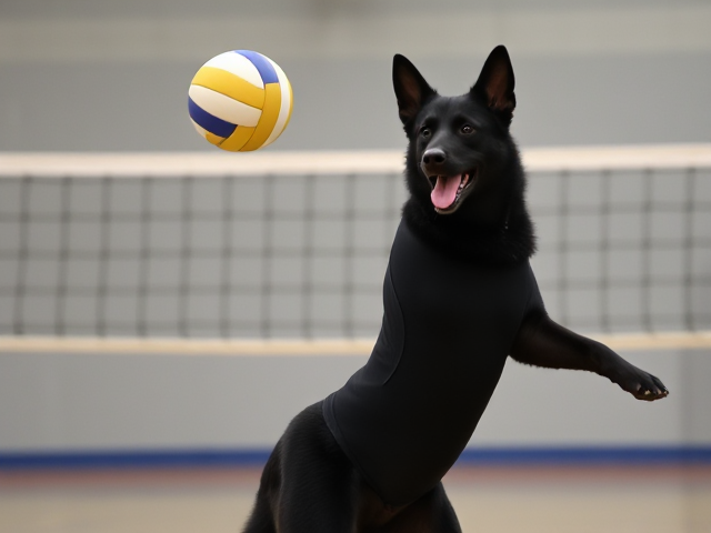 Anthropomorphic black German shepherd volleyball leotard butt gymnasium