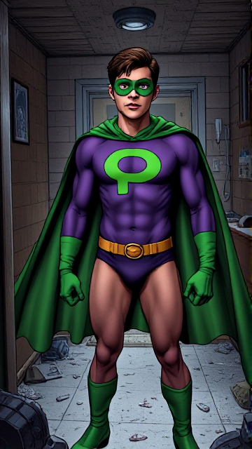 Dramatic Comic Book scene: A young, Autistic 25-year old boy with light skin and flat, smooth, and slick brown hair with a singular curled bang in the shape of a P sticking out at the front named T.J. Granger, but transformed into a genetically-altered superhero named Powerman, who, despite still being a young adult kid, has an extremely muscular body. He wears a sleek purple bodysuit with a green P symbol on his chest, a golden belt with a circular buckle, green briefs, green boots, green long-cuffed gloves, a really big, toe-length long, ultra-wide green cape wreathed around his neck, and a green eye mask that protects his true identity and also causes his pupils to magically disappear as his eyes glow an eerie white. He also has incredible and invincible superpowers flowing through his veins. In this scene, Powerman is currently standing in the basement of his house, searching for the source of the mysterious sound that his Super Hearing had detected.