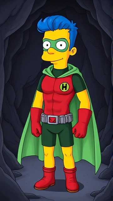 Cartoon scene: Milhouse Van Houten from The Simpsons, with his yellow skin, really big round nose, and blue hair that's slicked back and curled up at the top, but as a tall, 18-year old teenager, dressed as a parodied version of Robin, The Boy Wonder, with an extremely muscular body, wearing a dark green bodysuit with a red torso adorned with a small black circle with a light-green "H" symbol on his left pectoral, a silver utility belt with a red square buckle with silver pouches attached to it that hold all of his unique gadgets, red boots, red long-cuffed gloves, a really big, toe-length long, ultra-wide light-green cape wreathed around his neck held up by an inverted silver triangular button, and a light-green eye mask with optical lenses in it that protects his true identity, now known as Houseboy, The Nerd Wonder, the other half of Springfield's Dynamic Duo, and one of the greatest vigilante superheroes ever known in Springfield. In this scene, Houseboy is currently standing in a dark cavern, searching for a lost citizen that has been kidnapped.