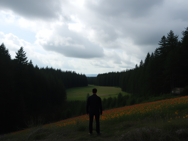 A lone figure standing at the edge of a dark forest, looking out towards a vibrant and colorful meadow in the distance, the stark contrast between the gloomy woods and the bright, cheerful flowers intensifies their sadness. The sky above is cloudy and grey, casting soft shadows on the ground. The style is realistic with high detail in textures. The scene is illuminated by diffused natural light coming through gaps in the clouds. The camera angle is set at eye level, capturing both the figure's expression and the contrasting landscapes