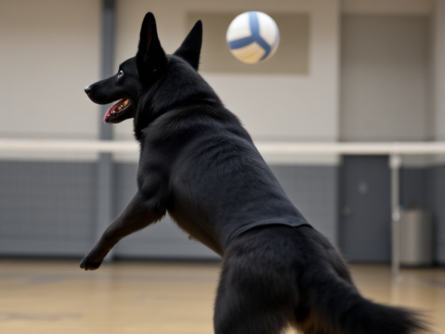 Anthropomorphic black German shepherd playing volleyball, wearing a leotard, gymnasium setting, focus on athletic build and dynamic pose