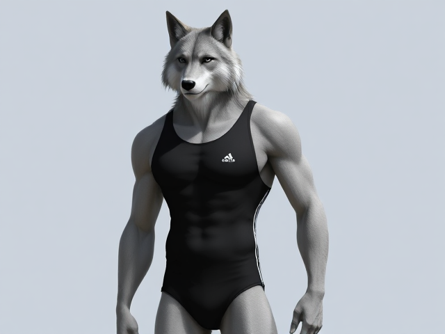 A tall and lean anthropomorphic gray wolf with a long torso and broad shoulders, wearing a black high-cut Adidas one-piece swimsuit, standing tall