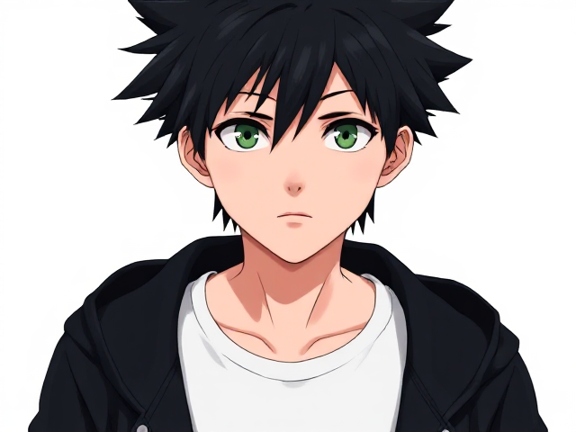 My hero academia inspired styled OC. Black spikey hair. Around 14. Wears a white T-shirt with a black jacket. 3/4 view. Green or grey eyes. Full head in view. Half body shot.