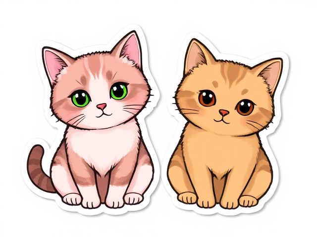 Deux. Dessins de chats mignons.
Premier chat : a le poil rose et bruns et les yeux verts.
Deuxième chat : a le poil bruns et les yeux bruns aussi.