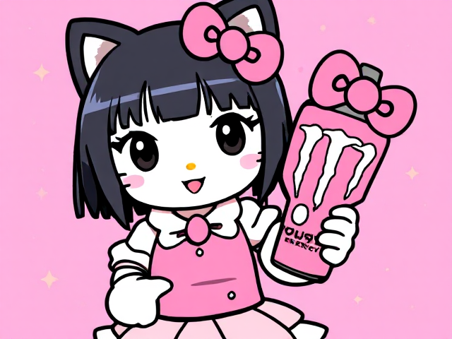 Kuromi in Hello Kitty. Have her hold a pink Monster Energy