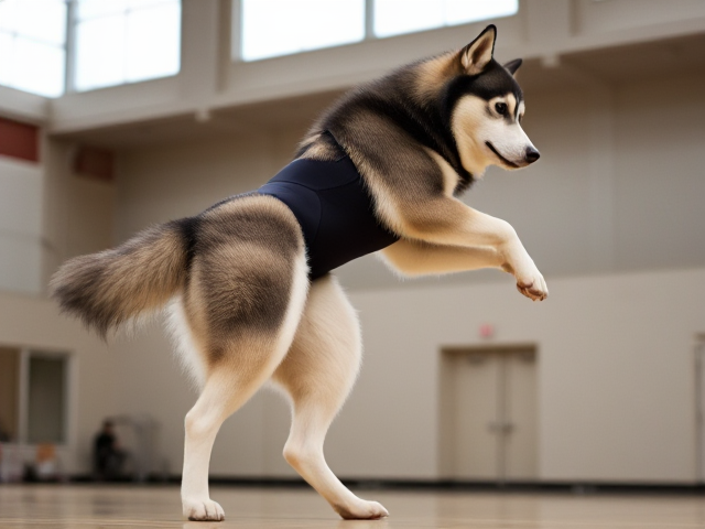 Anthropomorphic Alaskan malamute with strong hips, wearing a gymnastics leotard, performing in a gymnasium, detailed and dynamic pose