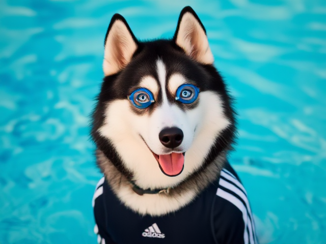 A anthropomorphic Siberian husky wearing an adidas swimsuit and swimming goggles