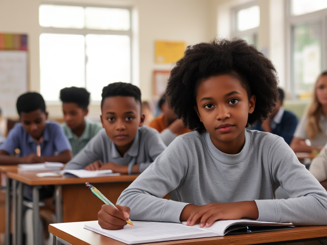 Des élèves afro américains âgés de huit ans assis dans une salle de classe lumineuse, concentrés sur un devoir, avec des bureaux et du matériel scolaire visible autour d'eux, lumière naturelle entrant par les fenêtres