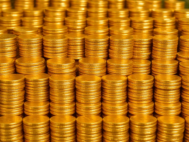 Add neatly stacked bundles of golden coins arranged in horizontal lines. The stacks should be uniform and placed in the middle-right section of the image, slightly behind the person and the text. Each bundle of coins should have a metallic golden shine, with realistic shadows and highlights to emphasize depth. Ensure the stacks reflect a sense of organization and wealth while blending naturally with the background.