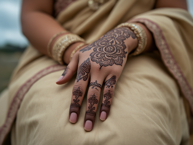 Henna on an Indian woman's hand, with her hand on her lap