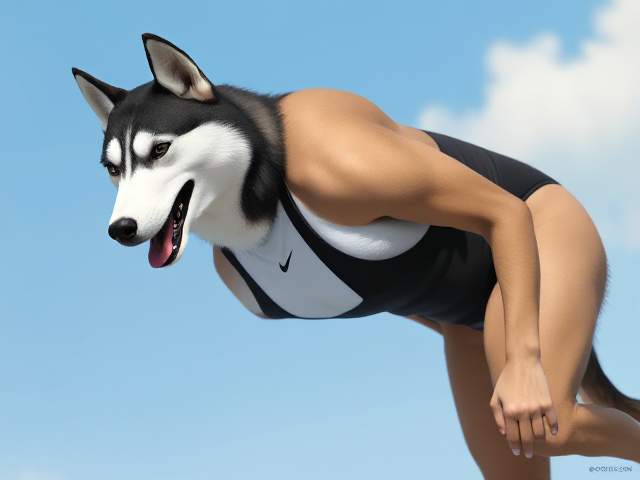 A tall and lean anthropomorphic Siberian husky with a long torso and broad shoulders wearing a high cut Nike one piece swimsuit and swimming goggles