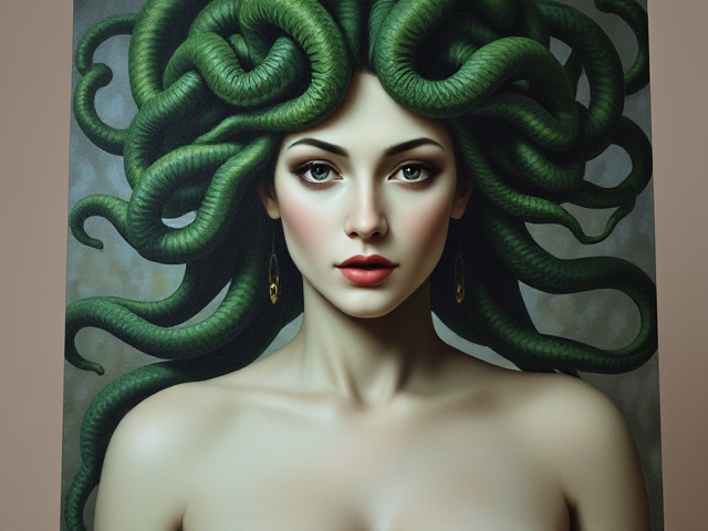 Medusa Greek goddess, green snakes as hair, a painting good lighting and on a stand