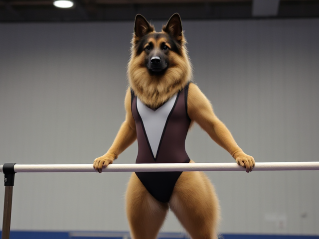 A anthropomorphic long haired German shepherd with large hips on the uneven bars wearing a gymnastics leotard in a gymnasium