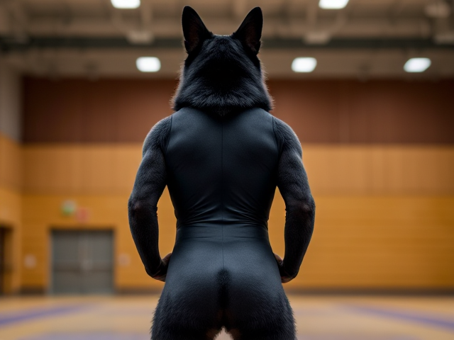 Anthropomorphic black German shepherd wearing a gymnastics leotard, posing with emphasis on its hips in a gymnasium setting, detailed and vibrant colors