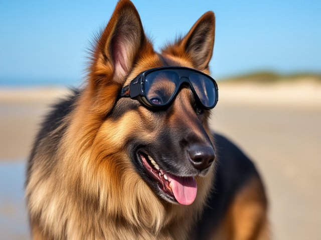 A majestic long-haired German shepherd wearing sleek, professional freediving goggles, standing on a sandy beach with a clear blue sky in the background, showcasing the dog's intelligent and alert expression