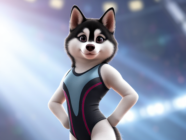 A Alaskan malamute Olympic gymnast with a long torso wearing a leotard
