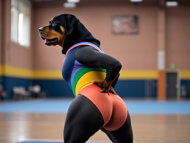 Anthropomorphic Rottweiler wearing a colorful gymnastics leotard, emphasizing its strong hips, in a vibrant gymnasium setting