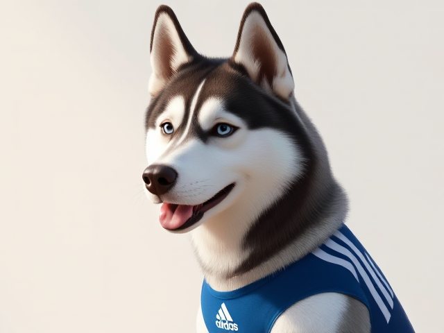 A cute anthropomorphic Siberian husky wearing an adidas swimsuit