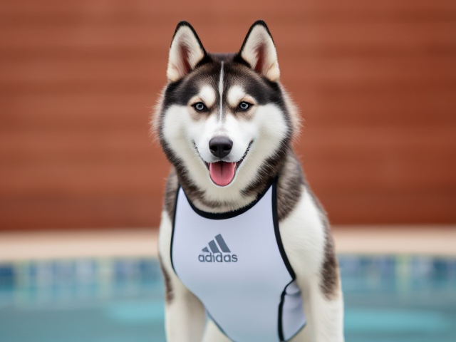 A cute anthropomorphic Siberian husky wearing an adidas swimsuit