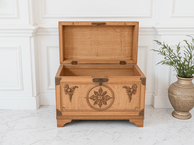 Un petit coffre ancienne ouverte en bois avec des decorations style sculture en bois dans une piece entièrement blanche avec moulure au murs et sol marbre