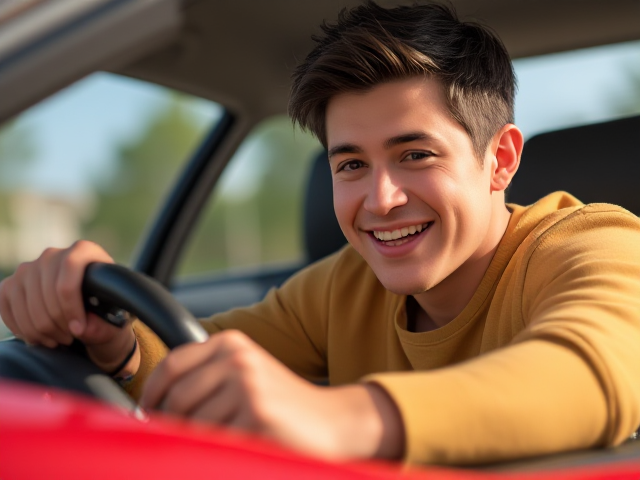 happy adult playing with car toy realistic