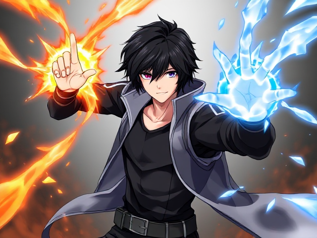 Young adult male with long black hair with futuristic style clothing with special powers with his left arm shooting ice and his right arm shooting fire, his left eye is blue and his right eye is red, anime