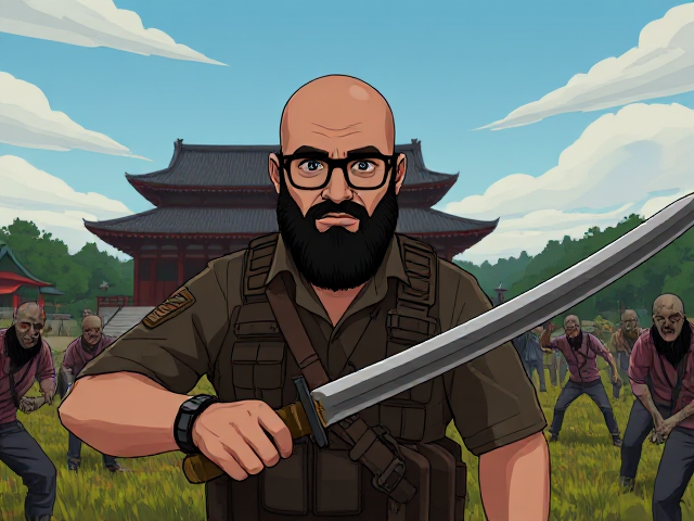 A animated image in the style of telltale walking dead, of a young bald Muslim man with a bushy beard and wearing black-framed eyeglasses holding a katana and wearing military gear while being surrounded by Zombies in a open field behind a Japanese temple.