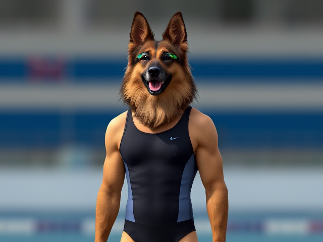 A anthropomorphic long haired German shepherd Olympic swimmer standing tall, while wearing a one piece swimsuit and swimming goggles