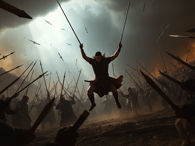 A warrior spinning amidst a battlefield, spears suspended in mid-air, dramatic lighting and intense atmosphere, dynamic action pose, vivid details