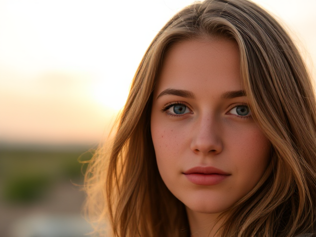 Young woman, light brown hair, bright blue eyes, freckles