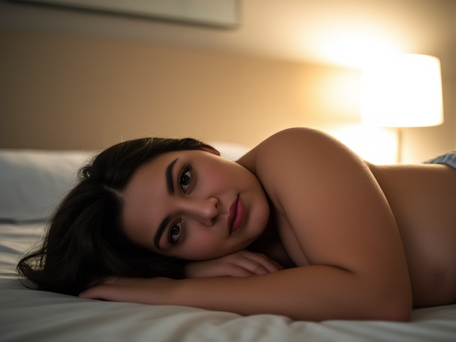 An obese woman 26 years old dark brown hair blue eyes sitting laying on the bed sideways