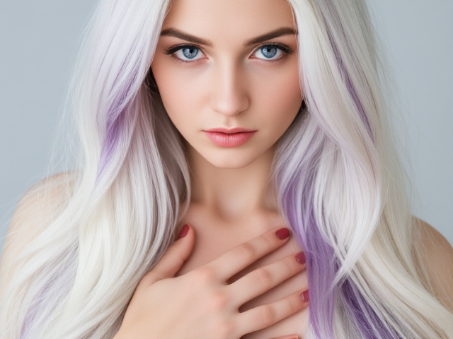 Female. Long white hair with purple highlights. Purple eyes. Placing her hand over her heart. Full body image