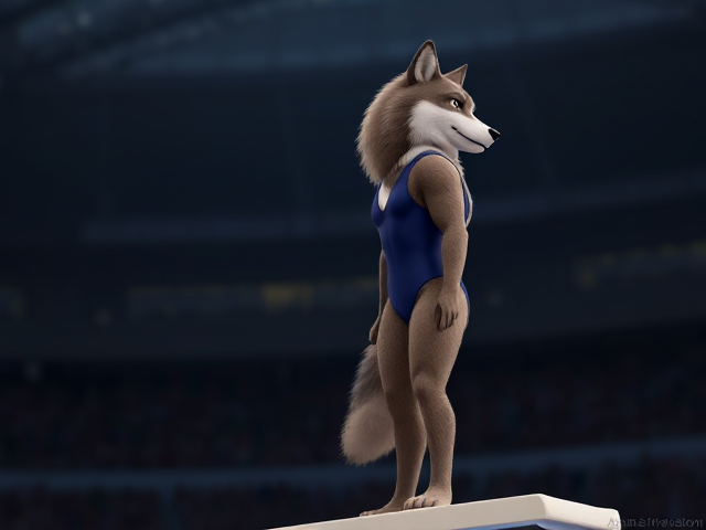 A anthropomorphic wolf Olympic diver, wearing a high cut one piece swimsuit, standing on a springboard
