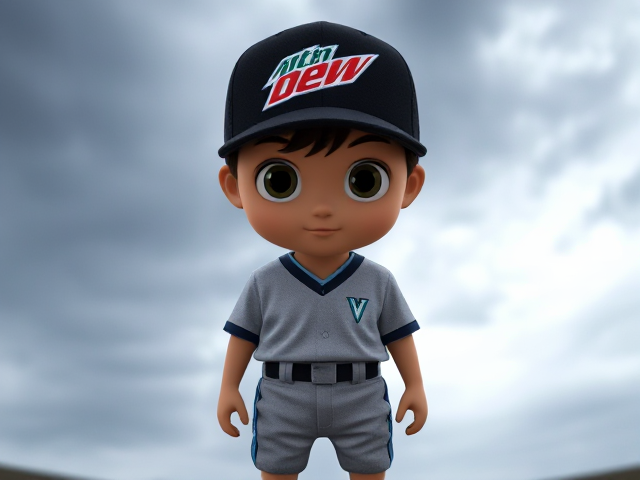 Create images of a black baseball hat with mountain dew voltage logo with a v neck athletic shirt with Mountain dew voltage logo grey baseball pants with blue and black piping with black socks and blue cleats on a mannequin