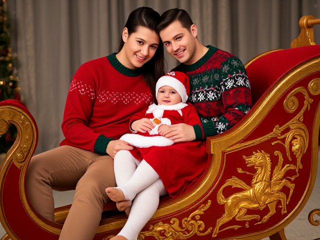 A heartwarming and magical family scene featuring a young couple and their baby sitting on a beautifully designed Santa’s sleigh. The man is seated slightly at an angle, his head gently tilted toward the woman, who leans affectionately on his shoulder. Their posture exudes love and warmth. The baby lies comfortably across their laps, nestled securely, with the couple supporting the baby together. The pose stays true to the original, capturing the natural and relaxed angles.

The man is dressed in a cozy red-and-green Christmas sweater with a subtle snowflake pattern, paired with warm winter pants. The woman wears a festive red dress with a touch of sparkle and cozy tights to reflect the holiday spirit. The baby is dressed in an adorable Santa outfit, complete with a tiny hat and booties, adding a playful and heartwarming touch.

The sleigh they’re seated on is a masterpiece of craftsmanship, adorned with intricate golden engravings, glowing softly to evoke a sense of enchantment. The scene perfectly captures the joy, love, and magic of Christmas while staying realistic and photorealistic in detail.