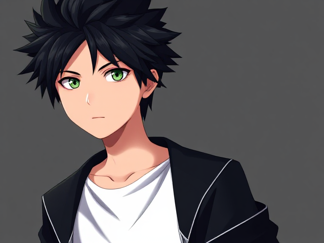 My hero academia inspired styled OC. Black spikey hair. Around 14. Wears a white T-shirt with a black jacket. 3/4 view. Green or grey eyes. Full head in view. Half body shot.