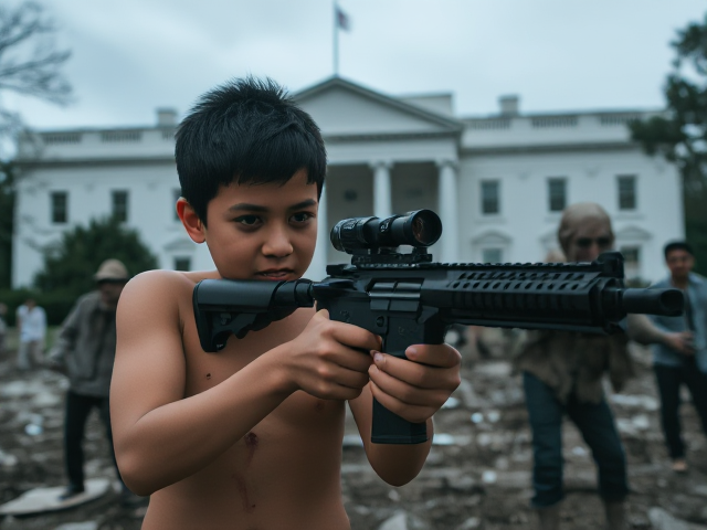 A young tanned Asian boy with multiple scratches on his skin stands in the ruins of a broken down White House. He is bravely fighting off zombies alongside his mother, who wields a modern rifle. The boy is intensely focused, aiming through the scope of his weapon at an approaching zombie