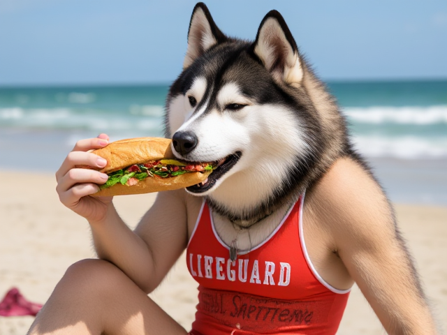 Anthropomorphic Alaskan malamute, lifeguard one-piece swimsuit, eating a sub sandwich, beach setting, vibrant colors, detailed fur texture