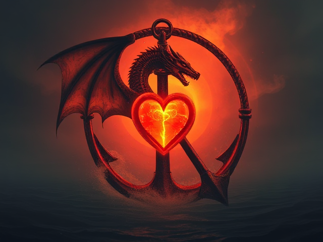 The life of dragon in a circle tugging anchor with a blazing heart