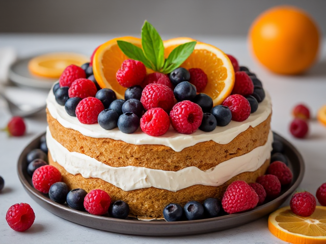 Make a photo of a cake with berries and orange