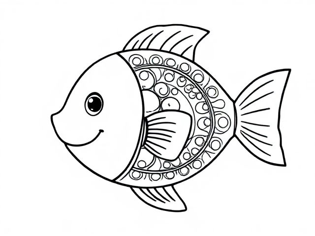 Create a simple black-and-white coloring page featuring a cute little fish designed in a sketch style. ensure  fish in full-body outline in a mandala style, use only outline ensuring it appears playful and approachable for young children aged 2 to 4. Design the fish with basic,friendly features, emphasizing a round body incorporating . Include a friendly expression to enhance its inviting character.