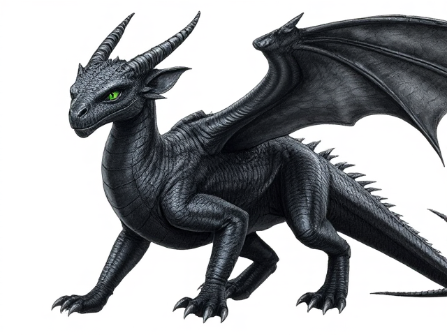 Young Female dragon with dark, midnight blue scales and obsidian black wings; obsidian black underbelly and clawed feet. She has small spikes that align from her head horns down to her back jaw. Her eyes are venom green. Narrow, beautiful face and an elegantly long neck. Has ears like a horse. Powerfully and dominantly built with taut muscles under her scales. She moves purposefully and proudly; has an expression of maturity and seriousness in her face