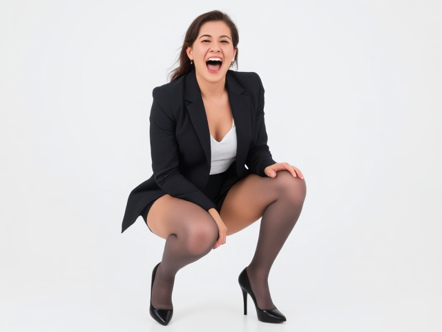 Beautiful athletic business woman with great calf muscles in short skirt, blazer and grey thigh high stockings and black heels howling in hysterical and uncontrollable laughter while crouching